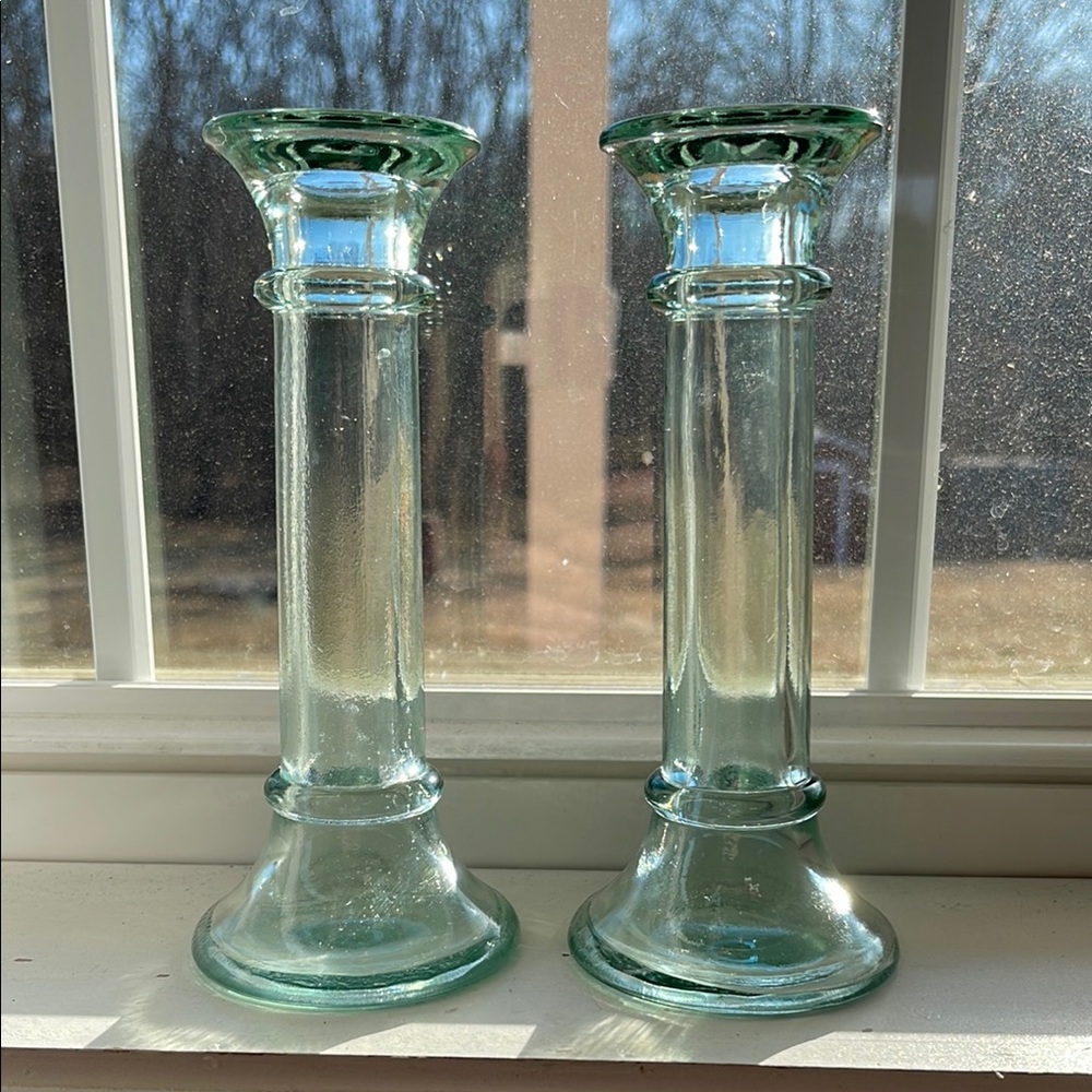 Light Green Vintage Glass Candle Holders - stamped 26